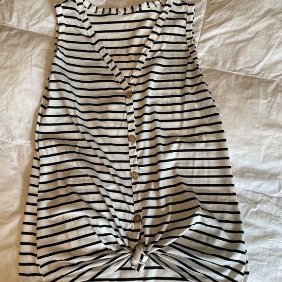 OWill V-Neck Button Cotton Stripe Sleeveless T-Shirt EUC - Picture 1 of 3